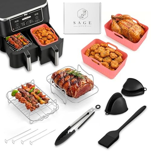 Air Fryer Accessories Starter Kit – Essentials Set for Students, Beginners, First Air Fryer – Reusable Silicone Liners, Racks, Skewers, Tongs, Oil Brush, Oven Mitts by Sage & Clo