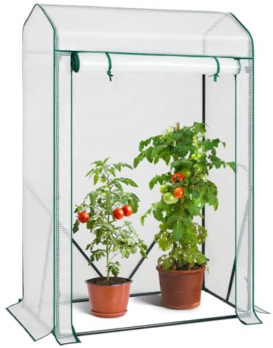 AMHANCIBLE Gewächshaus für Tomaten,Tomatengewächshaus mit PE Gitterfolie, 100 x 50 x 150 cm, Foliengewächshaus mit aufrollbare Tür, Spitzdach Foliengewächshaus für Garten zur Aufzucht, Weiß EGWH10WT