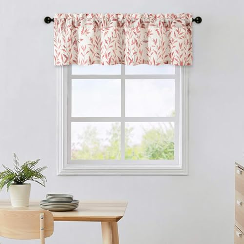 VOGOL Red Leaves Linen Look Kitchen Valance for Windows, 52×12, 1 Panel | Rod Pocket Easy to Install, Farmhosue Botanical Print, Easy Care Durable Fabric，for Bedroom Living Room Cafe Windows
