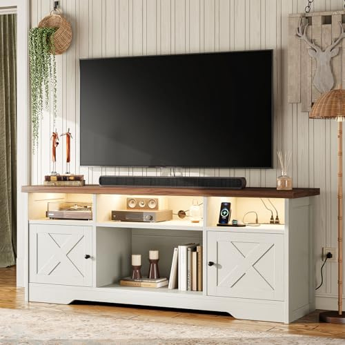 Coleshome TV Unit, TV Stand Cabinet with Sockets, USB and LED, TV Cabinet Suitable for up to 65'' TV, with 4 Open Compartments and 2 Cabinets, Suitable for Living Room, 150 x 35 x 65cm