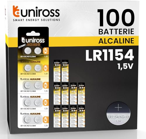 100 Batterie a Bottone LR1154 AG13 LR44 per Orologi Termometri Digitali Giocattoli Calcolatrici - Uniross Pile Alcaline 1,5V Piccole Sottili a Lunga Durata di Alta Qualità