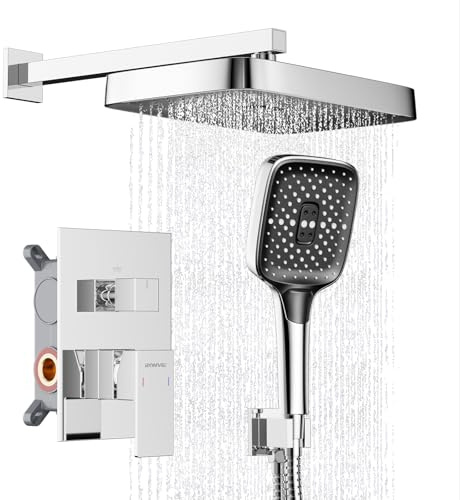 Ronvie Concealed Shower Mixer Set, 2-Outlet Brass Shower System with 12 Inch High Pressure Rainfall Shower Head and Handheld Spray, Anti-Clog Nozzle Wall Mounted Chrome Bathroom Fixtures