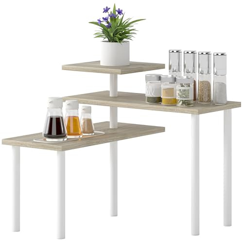 HOMCOM Estantería de Cocina de 3 Niveles Estante de Cocina con 3 Baldas Giratorias Marco de Metal y Diseño Escalonado para Comedor Salón Natural