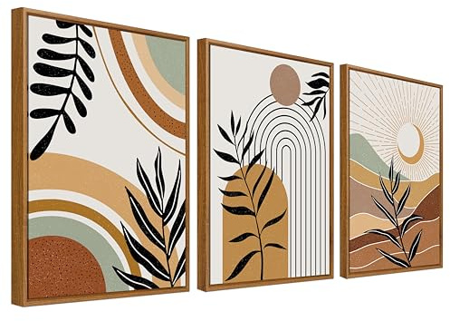 Framed Canvas Wall Art Set of 3 Mid-Century Boho Abstract Painting Prints for Wall Poster Geometric Lines Illustrations Pictures for Living Room Bedroom Hallway 30x40cm x3pcs (No Acrylic Glass)