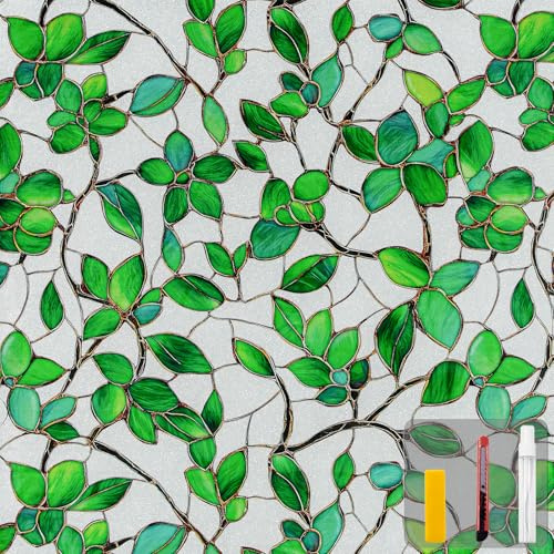 QHYsunshine Window Privacy Film Stained Glass Window Film Frosted Window Film Window clings Non-Adhesive Reusable Decorative for Home Removable (Green Frosted, 17.5 X 78.7 in)