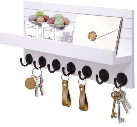 Kldgris Schlüsselbrett Holz mit Ablage Moderne Schlüsselhalter/Schlüsselboard und 7 Schlüsselhaken Schlüsselaufbewahrung für Eingang, Flur, Schlafzimmer, Wohnzimmer (Weiß)