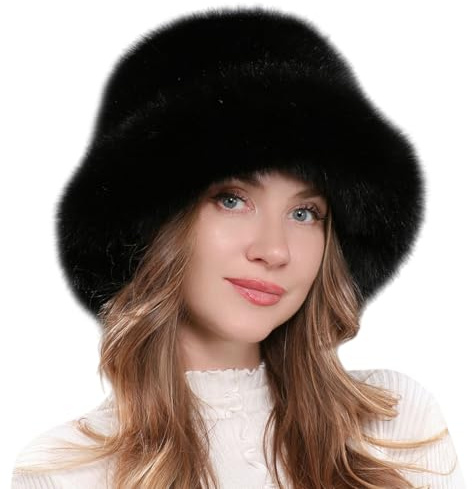 Harssidanzar Cappello di Pelliccia Finta per Donne con Visiera Larga CL601EU, Nero, Taglia Unica