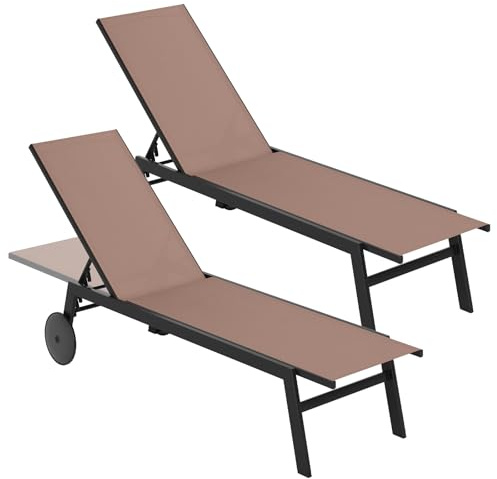 KOMFOTTEU Juego de 1/2 Tumbonas de Jardín con Ruedas, Silla Reclinable con Respaldo Ajustable en 6 Posiciones, Tumbona para Exterior de Tela con Marco de Metal, Carga 150 kg (Café x 2)