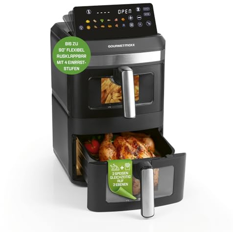 GOURMETmaxx FryUp XXL vertikal dubbelkammare varmluftsfritös, 12 l, luftfritös med visningsfönster, flerfärgad LED-pekskärm och 12 program, varmluftsfritös med 2 kammare