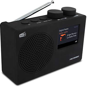 METRONIC 477251 Radio numérique DAB+ et FM RDS avec écran couleur et entrée audio, sortie casque, fonction double alarme, dimmer- Noir