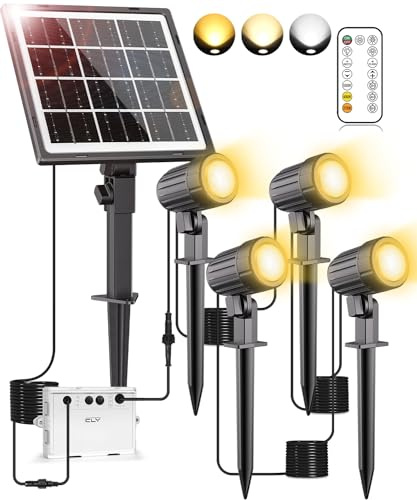 CLY Spot Solaire Exterieur, Lampe Solaire 2700K-6000K 2 Mode Dynamique Projecteur LED Exterieur Solaire 3 Luminosité 5000mAh Minuterie Lumiere Solaire IP66 pour Jardin Arbres Halloween Noël