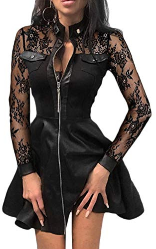 Onsoyours Sexy Vestiti Donna Hot Curvy in Pelle Elasticità Miniabito da Festa Senza Maniche Bodycon Clubwear con Cerniera A Nero L