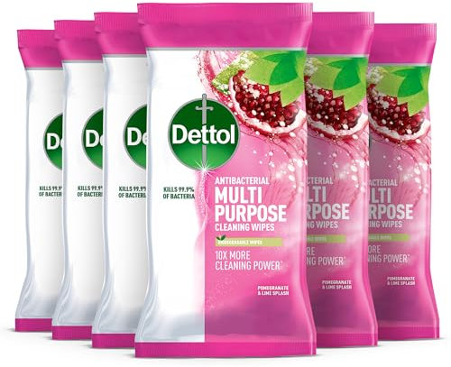 Dettol Antibacterial Multipurpose Cleaning Wipes, Pomegranate & Lime, 630 Wipes (105 x 6pck) Disinfectant, Biodegradable, 10X Cleaning power vs Water alone, Kills 99.9 Percent of Germs