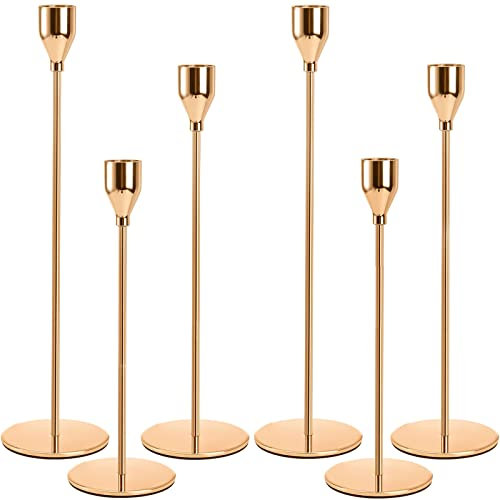 DONGQI Set di 6 Portacandele Dorate Per Candele Coniche, Portacandele da Tavolo, Porta Candele Natalizio Candelabri Moderni per Matrimonio Halloween Festa Muro Casa Giardino Bar