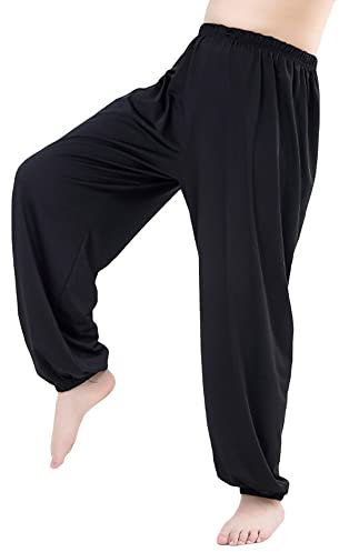Libaobaoyo Unisex-Kung-Fu-Hose, weit, dehnbar, elastische Taille, Taichi-Kampfsport-Trainingshose für Jungen und Mädchen, Schwarz, 8-9 Jahre