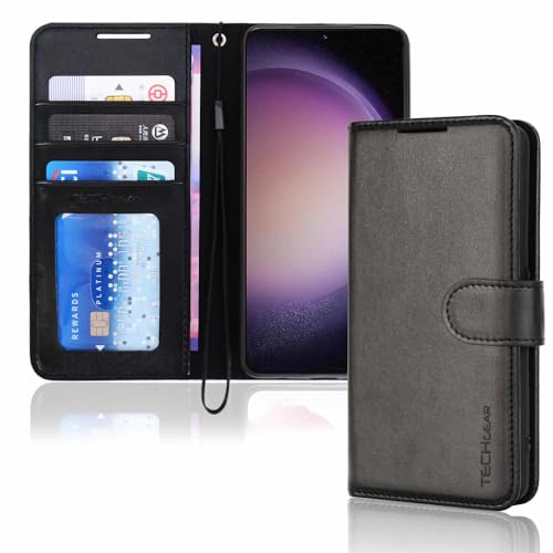 TECHGEAR Galaxy S23 Leather Wallet Case, Flip Protective Case Cover with Wallet Card Holder, Stand and Wrist Strap - Black PU Leather with Magnetic Closure Designed For Samsung Galaxy S23 / S23 5G