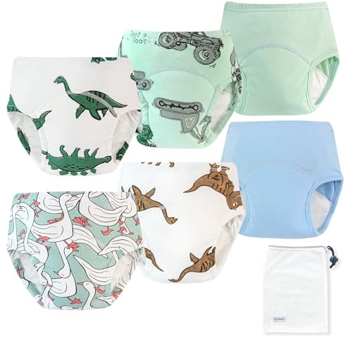 EZ Moms 6 Packs Absorption Toddler Potty Training Underwear for Boys 100% Cotton Toilet Training Pants 1T Leakproof Reusable Kid Confident Toddler Panties Dinosaur Pee Pants with Potty Sticker Chart