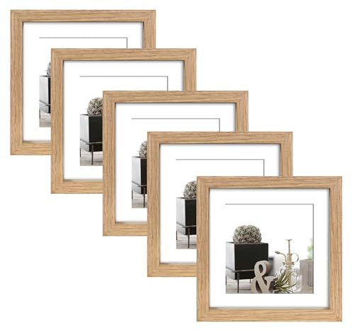 Wackadoo Bilderrahmen 5er Set quadratisch 13x13 cm Eiche Fotowand Fotorahmen mit Glasscheibe Picture frame Holz aus MDF mit Passepartout 10x10 cm