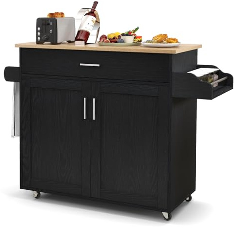 RELAX4LIFE Carrello da Cucina con Ruote di Gomma Silenziosi, Piano per Microonde, Porta-Asciugamani, Portaspezie, Casetto, Armadietto a 2 Ante(Nero, 116x40x85cm)