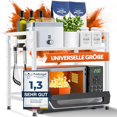 Heldenwunder Scaffale per microonde da cucina, in acciaio (2 livelli), per microonde, per forno a microonde, altezza e ripiano regolabile in lunghezza, istruzioni video (lingua italiana non garantita