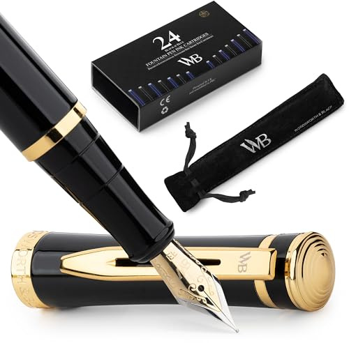 Wordsworth & Black Füllfederhalter-set, 18 Karat Vergoldete Extrafeine Feder, Inklusive 24 Tintenpatronen, Tintennachfüllkonverter Und Geschenkbeutel, Gold-finish, Kalligraphie, [Schwarzgold]