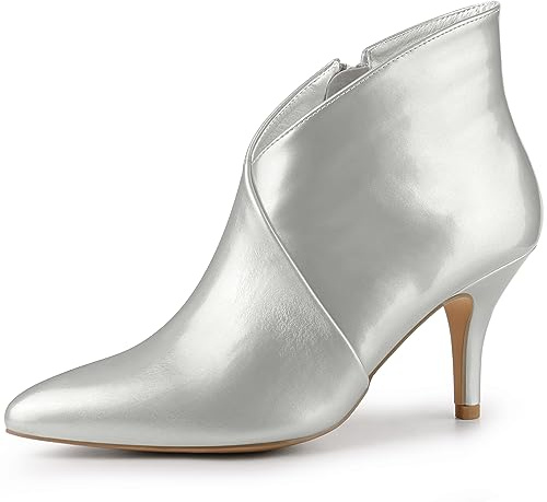 Allegra K Women V Shape Pointed Toe Stiletto Heel Ankle Boots Side Zipper | Faux vamp. ABS outsole. Side zipper closure. Black, Red, White colors. Pair with fall and winter dresses
