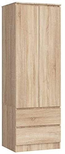 AKORD Kleiderschrank Star S | Zweitürig S 60 cm | 2 Schubladen mit Regalen und Einer Kleiderstange | für Kleiderschränke Schlafzimmer | laminierte Platte 16 mm Farbe Sonoma