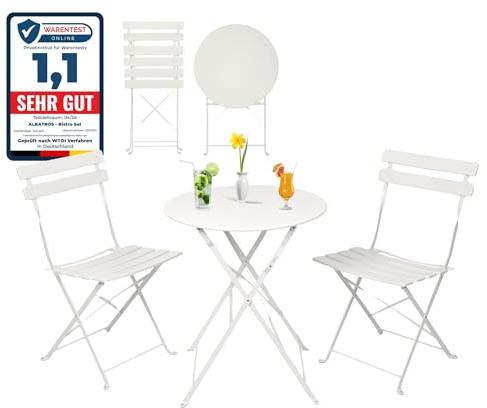 Albatros - Juego de 3 muebles de jardín: mesa de bistró con 2 sillas plegables y mesa de metal resistente, ideal para balcón o jardín en diseño moderno