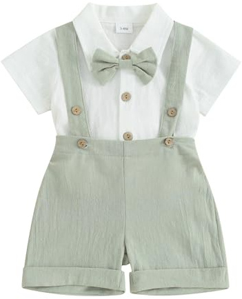 HZPHQY Infant Baby Boy Gentleman Outfit Short Sleeve Lapel Collar Summer Romper Onesie Suspender Shorts Overalls Newborn Dress Clothes (A Green Bowtie, 3-6 Months)
