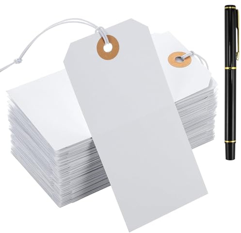 100PCS Large Price Tags 120x60 mm with Label Strings, White GiftTags Tie on Blank Marking Tagswith Elastic Rope Attached Writable Hanging Merchandise LabelTags for Clothing Display Luggage Craft