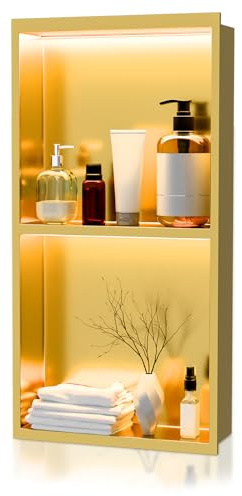 Vercraft 24 x 12 Inch LED Light Shower Niche Stainless Steel Niche No Tile Needed with Light Double Layer Recessed Wall Niche Insert Shower Niche Shower for Bathroom Storage(Gold)