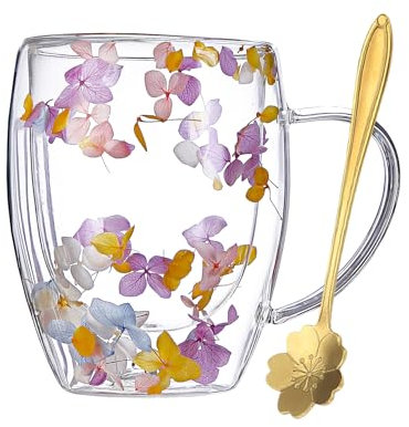 CHUNLINLAODA Tasses à café en verre à motif fleurs séchées à double paroi avec poignées, cadeau pour meilleure amie, enseignante, maman, idée cadeau d'automne (violet rose)