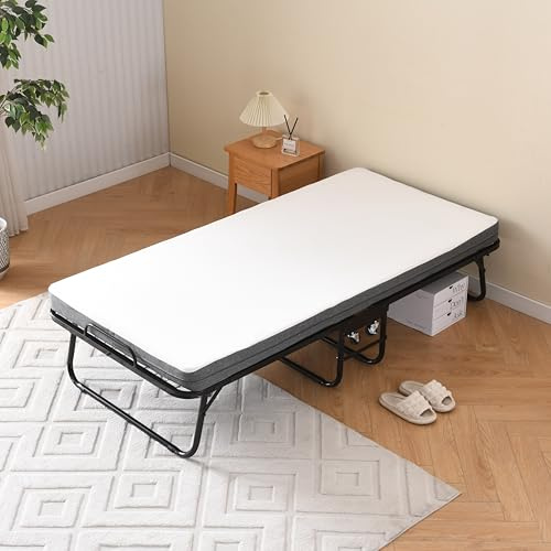 Fällbar säng 90 x 190 cm med 10 cm minnesskum madrass och 4 hjul – stabil gästsäng för vuxna, camping och kontor, utrymmesbesparande, vikbar med dammskydd (svart, 150 kg lastkraft)