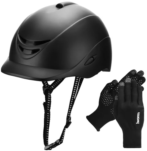 Equestrian Adult Helmet and Gloves Set with Adjustable Strap for Horseback Riding and Training, Soft and Comfortable Gloves Kits for Women and Man (Deep Black)