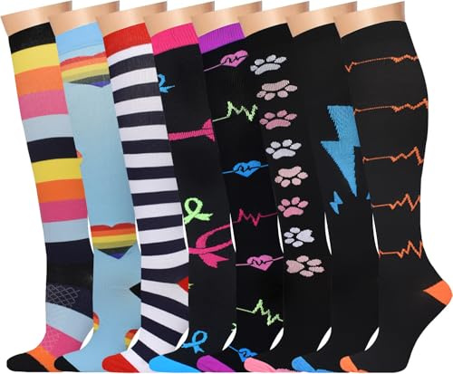 8 Pares Calcetines de Compresión (15-20 mmhg) Hombres Mujeres Soporte Medias Compresión para Atletismo Running Enfermeras Viajes Vuelo Varices (FR/ES, Letras, S, M, Regular, Regular, assorted huase)