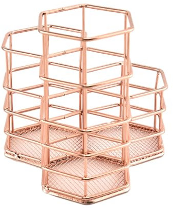 AMSLSIU Practical Stationery Storage Container Organizer for Desk Metal Makeup Brushes Storage Pencil Pot Box Case Unique, Rose Gold, S（12.5 * 10.5 * 6cm）
