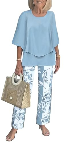 shownicer Completo Donna Estiva 2 Pezzi Manica a 3/4 Camicia + Pantaloni Set Casual Elegante Tuta Outfit A Azzurro01 XXL