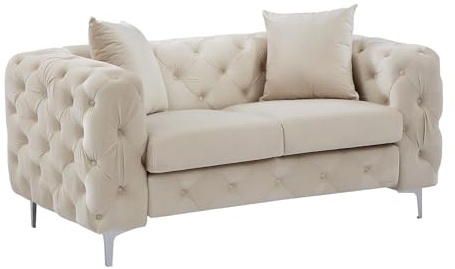 Vente-unique - Canapé 2 Places Chesterfield en Velours Beige Edwina