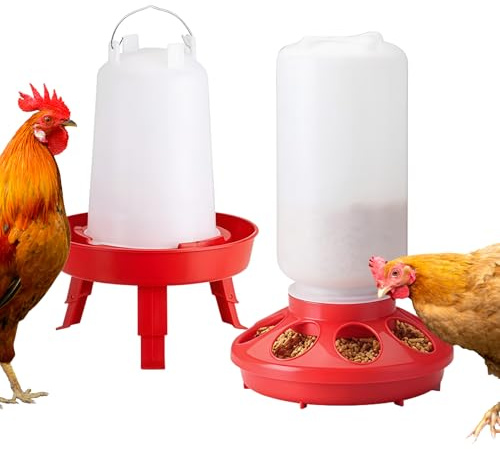 Juego de comedero y bebedero para pollo, alimentador automático de aves de corral, sin residuos, altura ajustable, estación de alimentación de ganado, bebedero para interiores y exteriores, patio