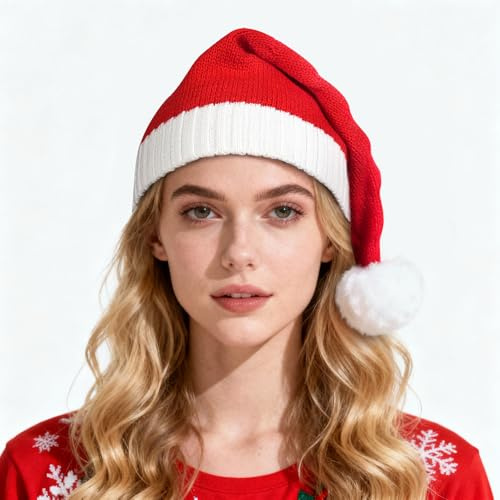 Vruxuri Santa Christmas Hat Adult Women Men Washable Knitted Soft Xmas Red Hat for New Year Festive Holiday Party Outdoor Winter