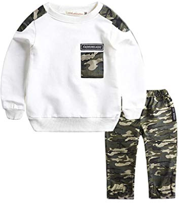 Generisch Survêtement pour enfant garçon - Survêtement de sport - Survêtement à manches longues - Tenue pour enfants - Lettre - Adolescent - 2 pièces - Pantalon camouflage - Pots pour bébé, Blanc., 9