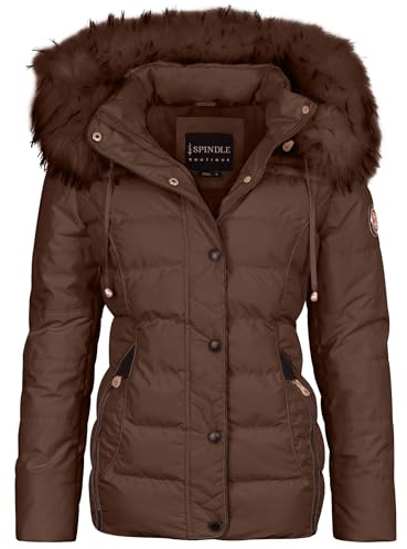 Spindle Womens Ladies Premium Quality Hooded Short Fur Parka Quilted Padded Puffer Coat | Zip Side Pockets | Luxurious Detachable Faux Fur on Hood | Zipped Inner Pocket Brown 12