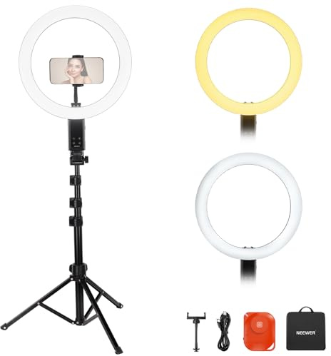 NEEWER 12 tums selfie-ringlampa med appkontroll/fjärrkontroll/stativstativ, 3200 mAh LED bi-färg CRI95 2900K-7000K ringljus cirkelbelysning kompatibel med iPhone Vlog makeup Studio videoinspelning