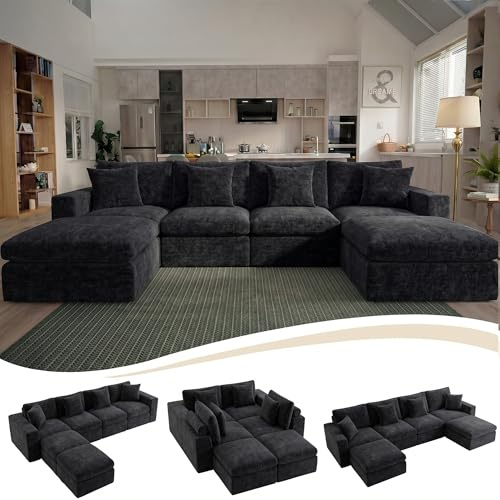 ANDFZ 6-8 Seater Modular Corner Sofa, Deep Seat Sectional Sofa with Supportive Cushions, No Assembly Required, Easy Fit Through Doorways & Stairs, Spacious Couch for Family Living Room, Black