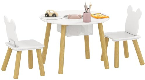 AIYAPLAY Wooden 3 Pieces Toddler Table and Chair Set 3-6 Years White | Centre Mesh Bag, Bear-Shaped Backrest, Arts and Crafts, Reading, Dining