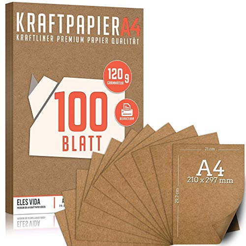 100 Blatt Kraftpapier A4 Set - 120 g - 21 x 29,7 cm - DIN Format - Bastelpapier & Naturkarton Pappe Blätter aus Kraftkarton zum Drucken, Kartonpapier Basteln für Vintage Hochzeit Geschenke Etiketten