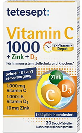 tetesept Vitamin C 1000 + Zink + D3 – Nahrungsergänzungsmittel zur Unterstützung des Immunsystems, dem Zellschutz und der Knochen – Vitamin Tabletten – 1 x 30 Tabletten