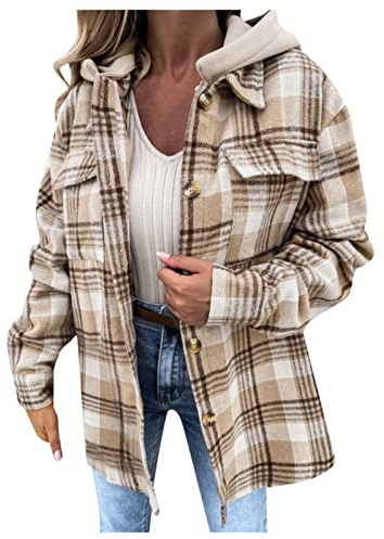 HHMY Jacka rutig dam – fleece skjortjacka kvinnlig jacka rutig långa ärmar höst vinter övergångsjacka med fickor knappslå revers kappa plysch blusskjorta oversize, Beige, XXL
