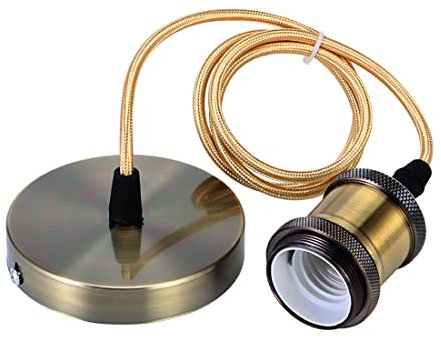 Hsthe Sea Lámpara de suspensión con anillo roscado, Portalámparas E27 con cable de enchufe Portalámparas retro vintage de aluminio, Lámpara colgante con portalámparas E27, Cable 100 cm, Bronce
