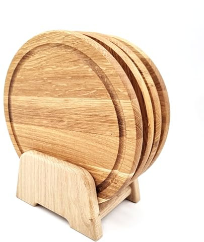 JOWE Tabla redonda de madera de roble – Juego de 4 tablas de cortar – Tabla de desayuno con surco para zumo – 25 cm de diámetro – Hecho a mano en Austria